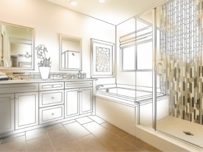 Questions to Ask Before Your Bathroom Renovations with Northshore Renovations and Contracting in Madisonville La; image of newly renovated bathroom blueprint drawing coming to reality. The image is half blueprint, half real photo