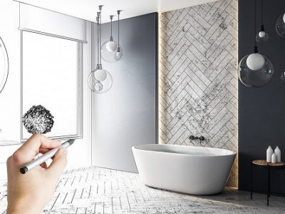 What Type Of Return On Investment Can I Expect From Renovating My Bathroom? | Northshore Renovations and Contracting in Covington, LA. Image of a hand illustrating a contemporary hand-drawn bathroom interior design.