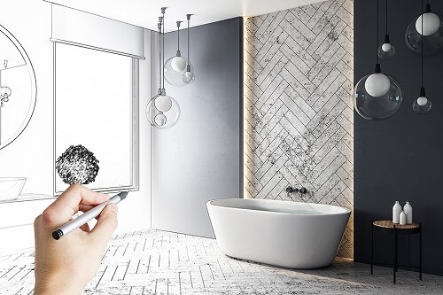What Type Of Return On Investment Can I Expect From Renovating My Bathroom? | Northshore Renovations and Contracting in Covington, LA. Image of a hand illustrating a contemporary hand-drawn bathroom interior design.