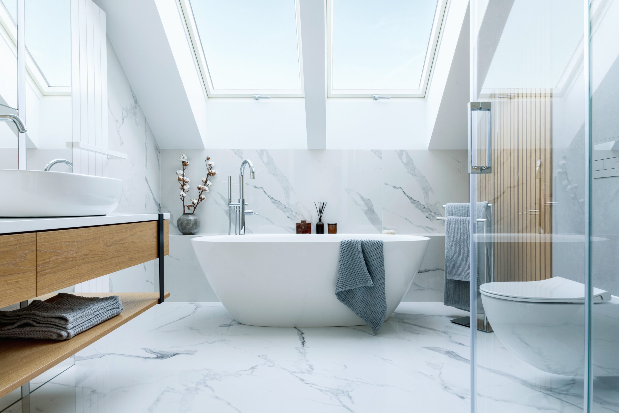Stylish bathroom interior design with marble panels | Northshore Renovations